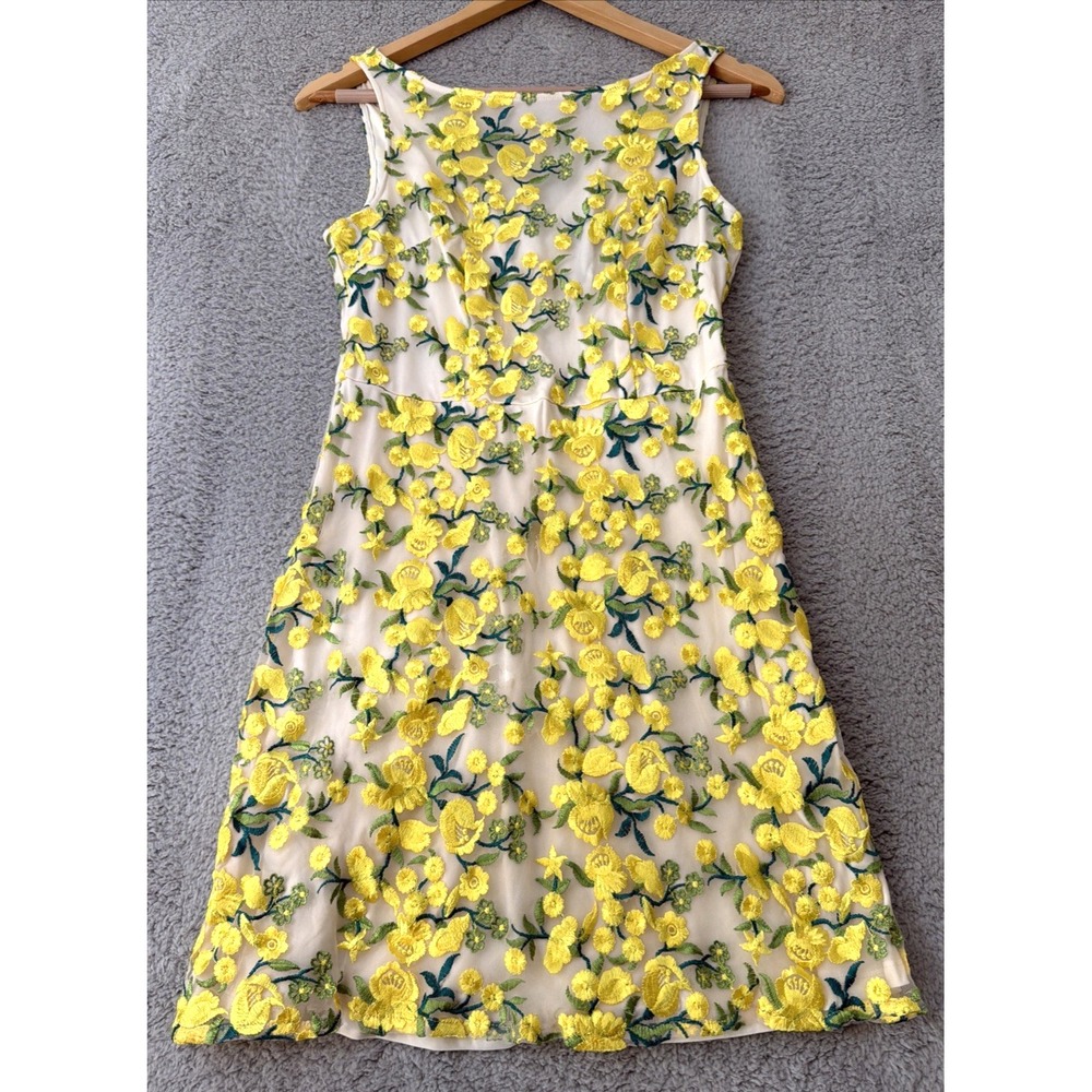 Adrianna Papell Dress Womens Size 2 Yellow Floral Embroidered Lined Mini Dress